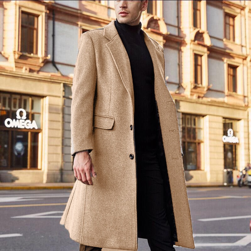 Men’s Trench Coat – Tailored Fit – Wool Blend – Long Length – Wide Lapel – Formal Style
