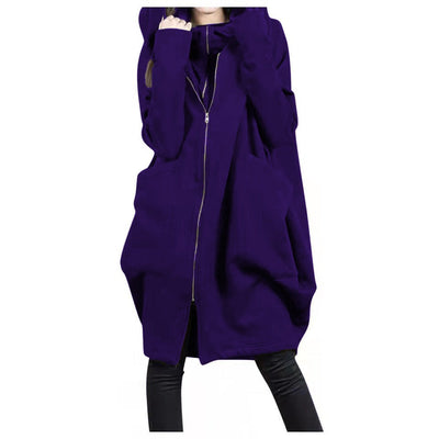 Women’s Mid-Length Coat – Oversized Fit – Hooded – Zipper Front – Casual Wear