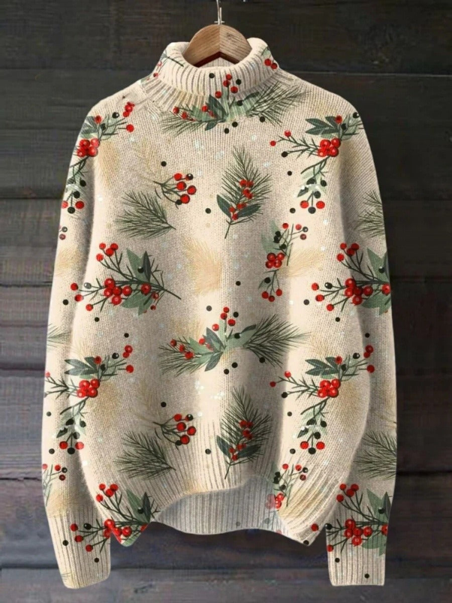 Women’s Turtleneck Sweater – Wool Knit – Relaxed Fit – Festive Botanical Print