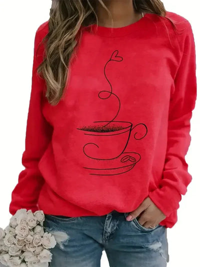 Women’s Sweatshirt – Relaxed Fit – Cotton Blend – Crew Neck – Coffee Cup Graphic