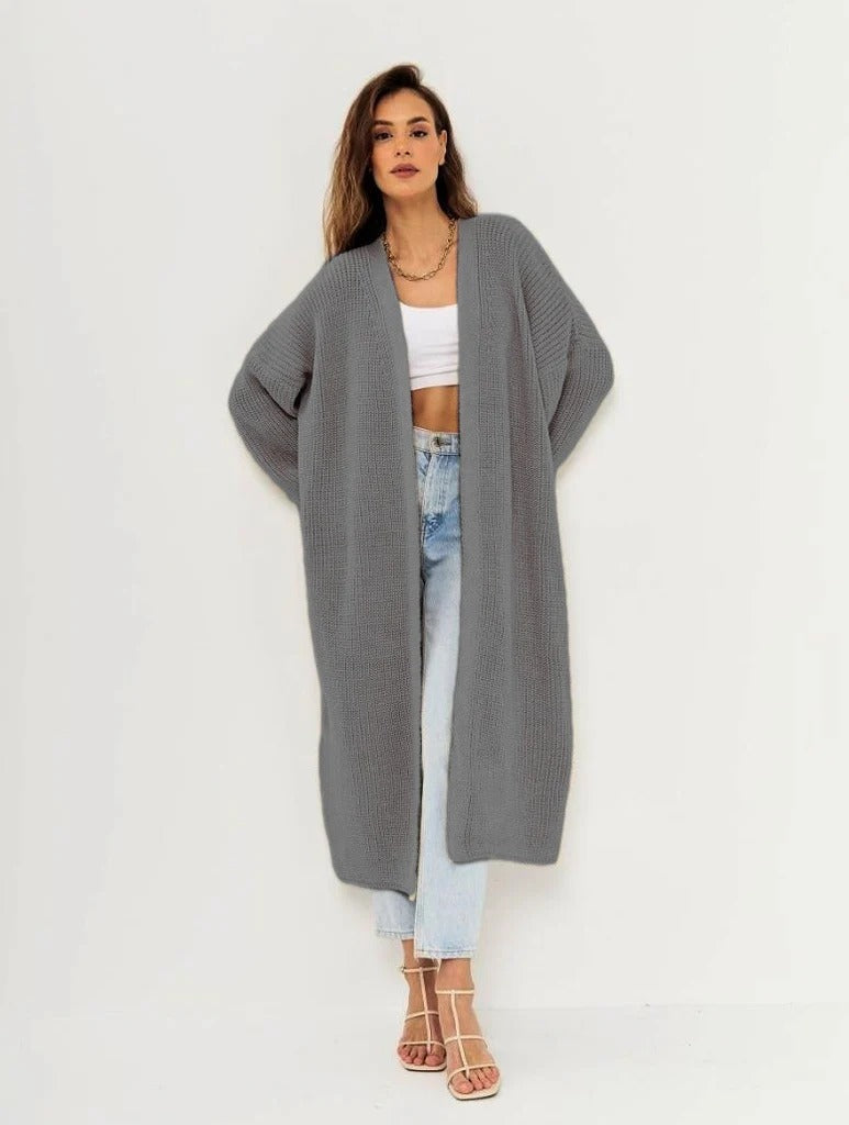 Women’s Long Knit Cardigan – Oversized Fit – Wool Feel – Open Front – Full Length
