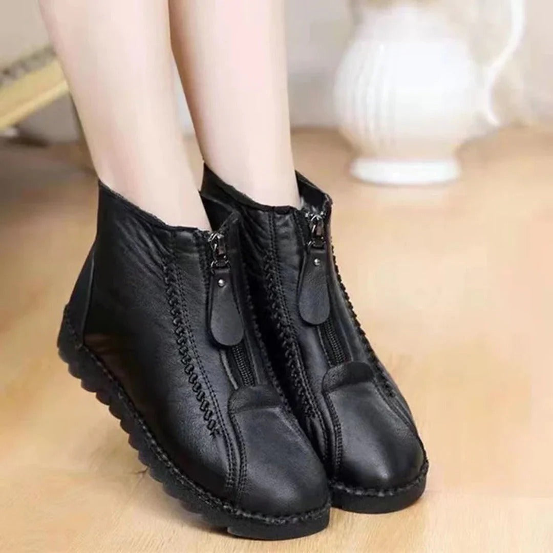 Women’s Ankle Boots – Faux Leather Look – Front Zipper – Chunky Sole – Casual Fit