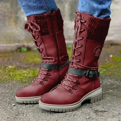 Women’s Knee-High Boots – Wool Knit Cuff – Lace-Up – Side Zipper – Buckle Strap