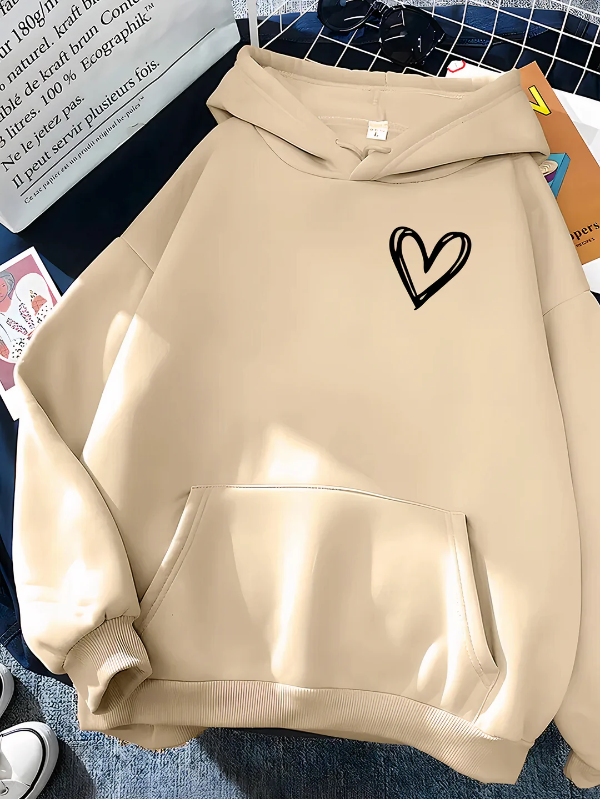 Women’s Hooded Sweatshirt – Relaxed Fit – Cotton Blend – Heart Print – Kangaroo Pocket