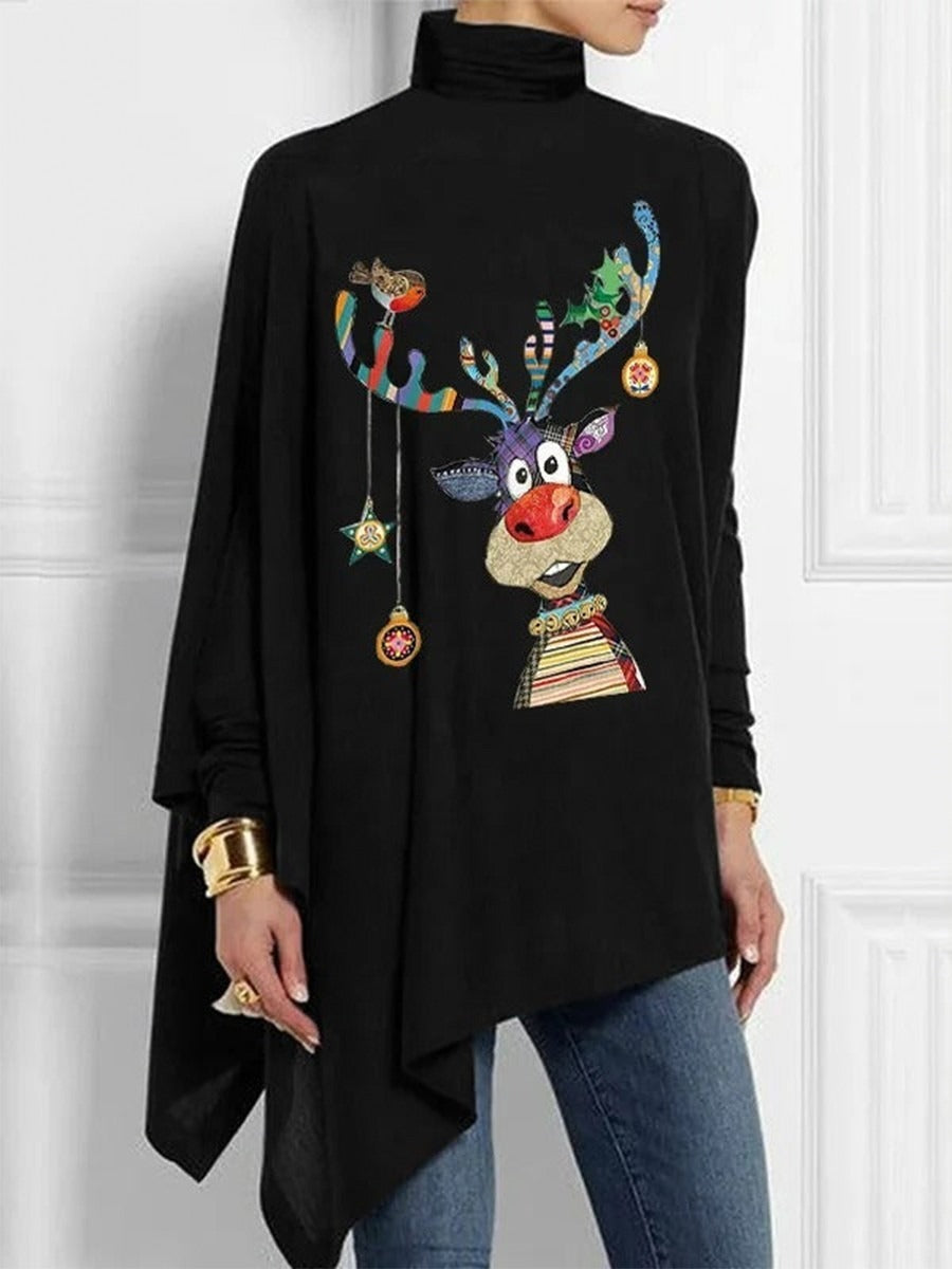 Women’s Turtleneck Top – Loose Fit – Cotton Blend – Cartoon Reindeer – Asymmetrical Hem
