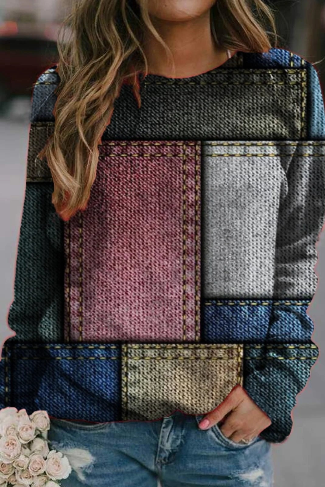 Women’s Sweatshirt – Relaxed Fit – Knit Texture – Patchwork Design – Long Sleeve Casual