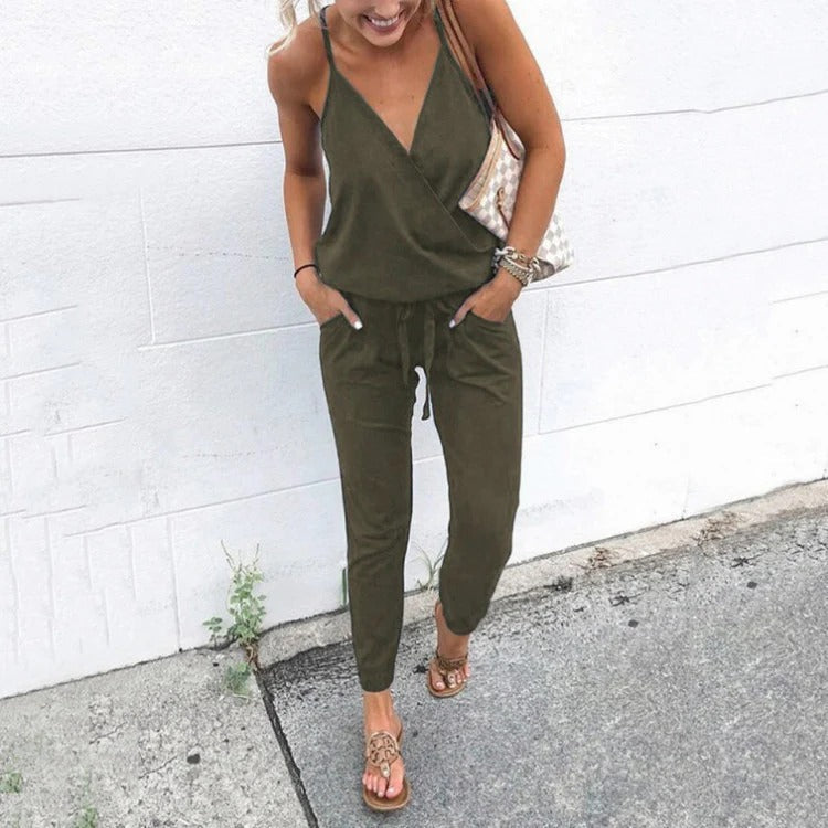 Women’s Jumpsuit – Relaxed Fit – V-Neck – Adjustable Straps – Tapered Leg – Drawstring Waist