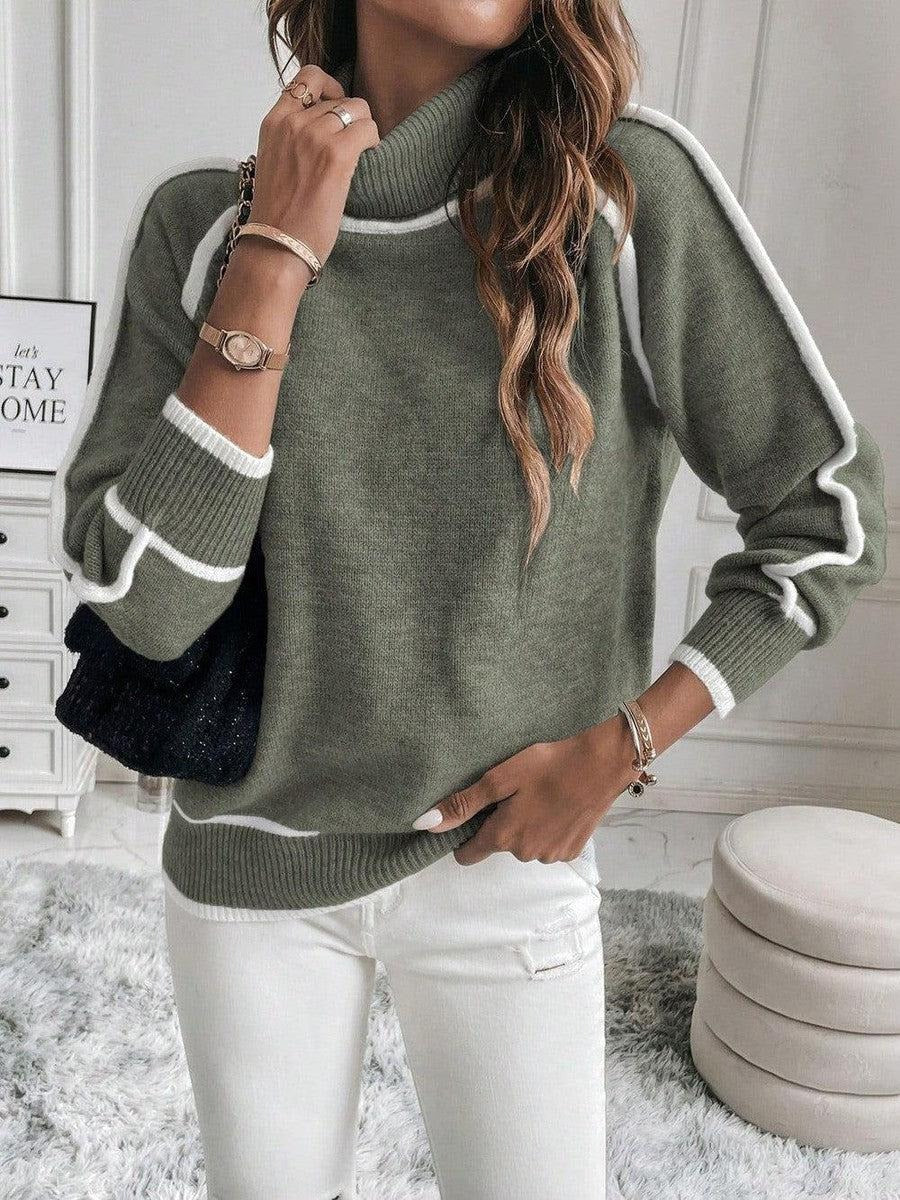 Women’s Sweatshirt – Relaxed Fit – Turtleneck – Ribbed Cuffs – Striped Sleeve Detail