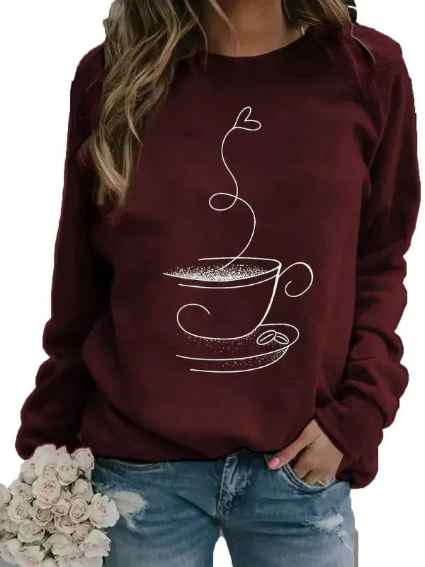 Women’s Sweatshirt – Relaxed Fit – Cotton Blend – Crew Neck – Coffee Cup Graphic