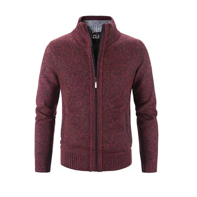 Men’s Zip-Up Cardigan – Slim Fit – Wool Knit – Ribbed Cuffs – Contrast Trim