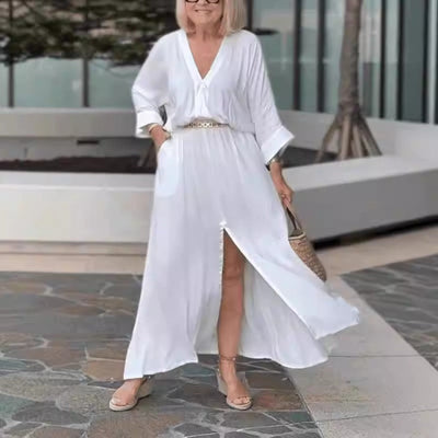 Women’s Maxi Dress – V-Neck – Long Sleeve – Relaxed Fit – Front Slit