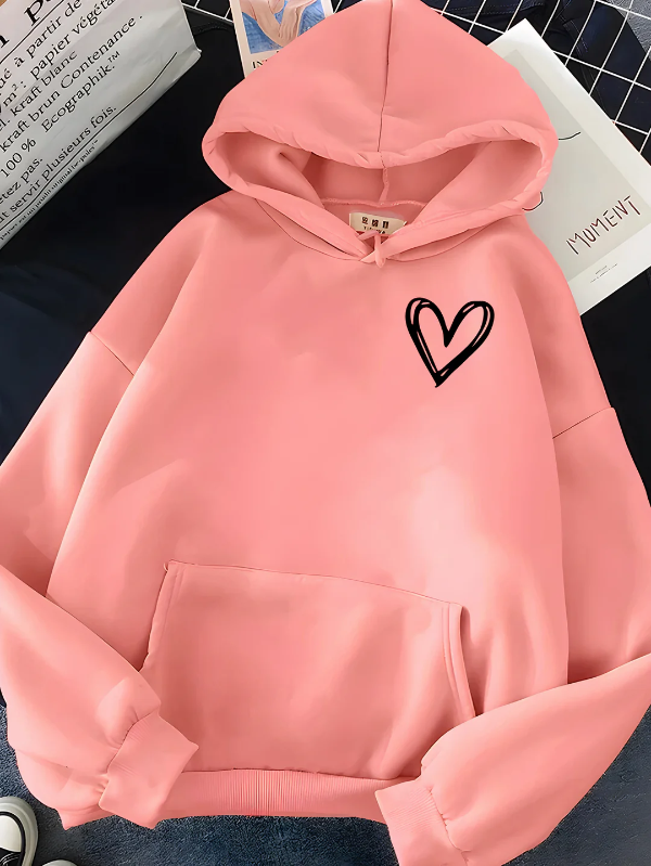 Women’s Hooded Sweatshirt – Relaxed Fit – Cotton Blend – Heart Print – Kangaroo Pocket