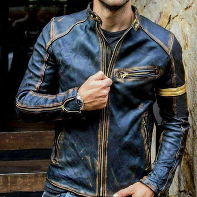 Men’s Bomber Jacket – Slim Fit – Leather Look – Zipper Front – Arm Patch Detail