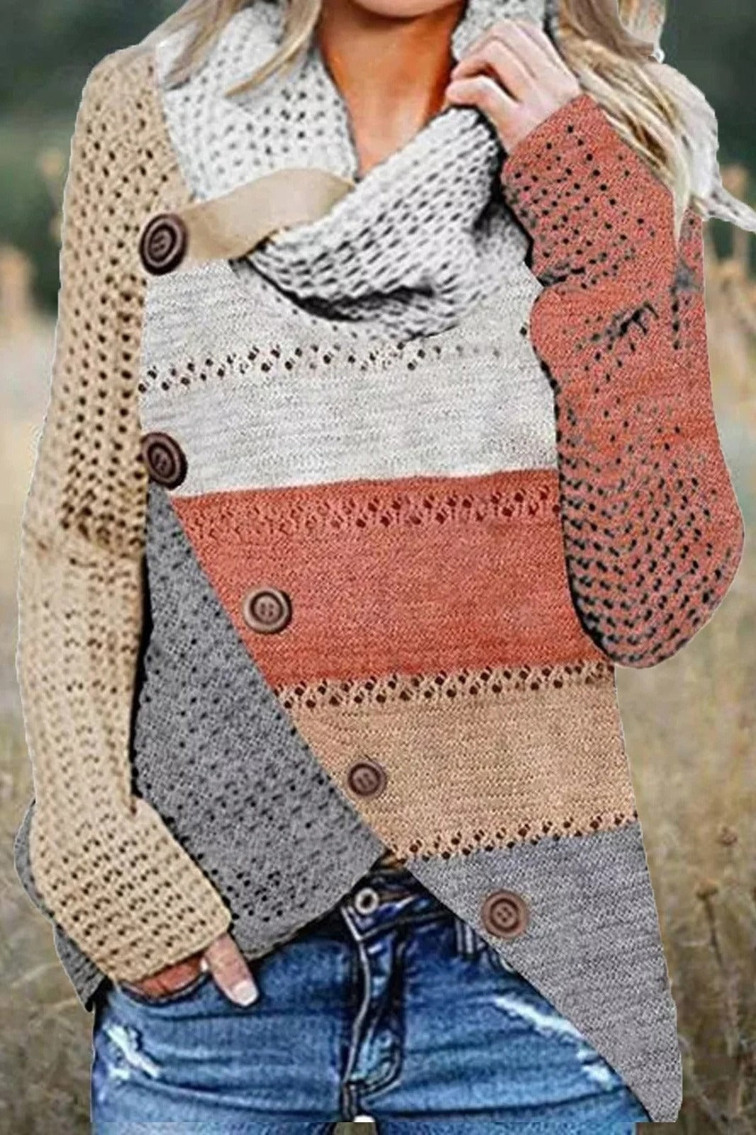 Women’s Sweater – Relaxed Fit – Heaps Collar – Open-Knit Patchwork – Button Front