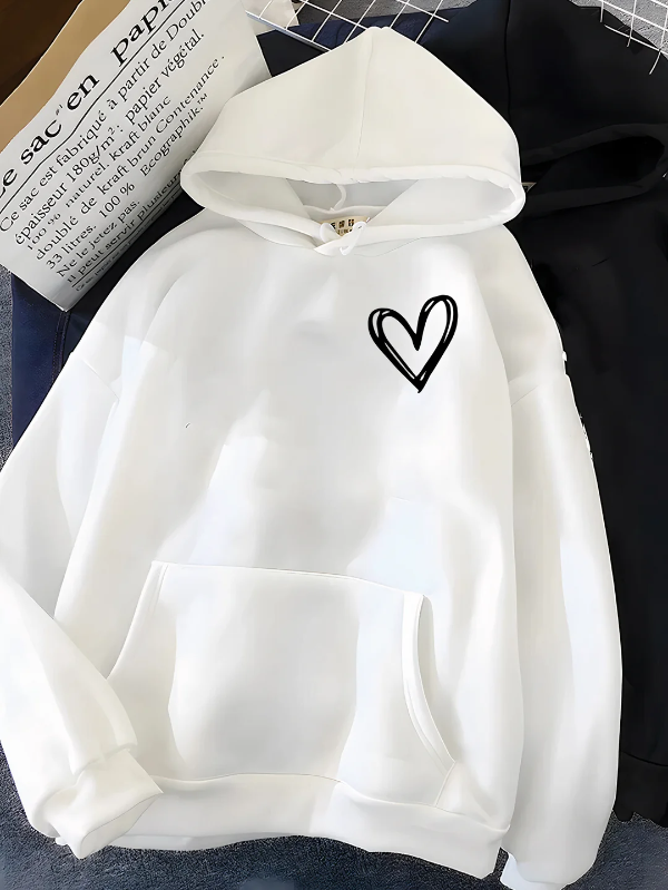 Women’s Hooded Sweatshirt – Relaxed Fit – Cotton Blend – Heart Print – Kangaroo Pocket