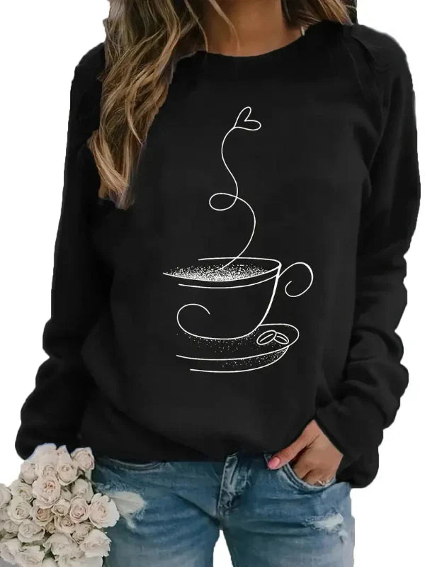 Women’s Sweatshirt – Relaxed Fit – Cotton Blend – Crew Neck – Coffee Cup Graphic
