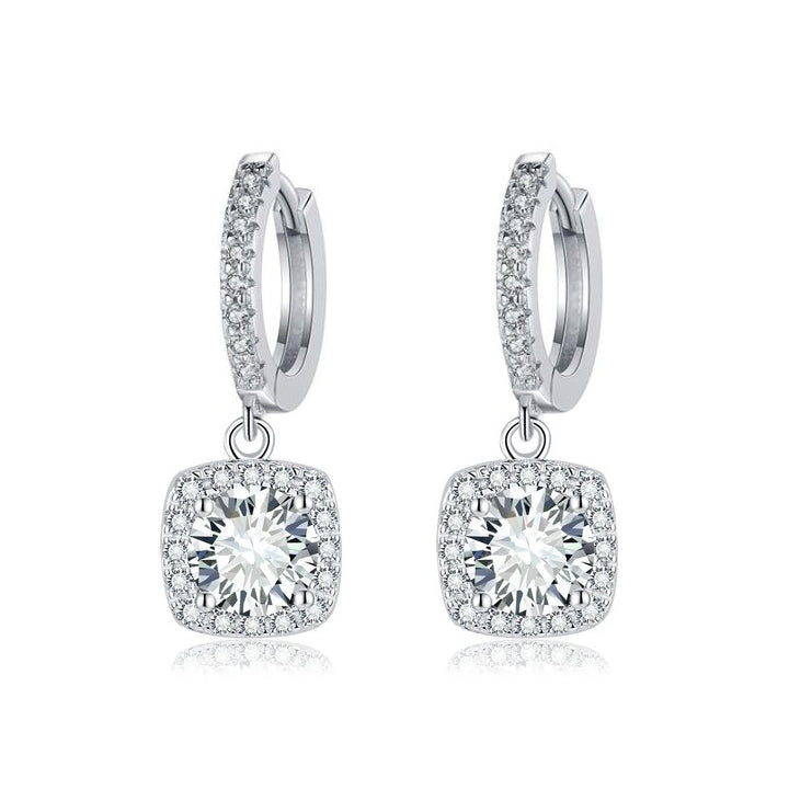 Square Halo Moissanite Drop Earrings | White Gold 16k