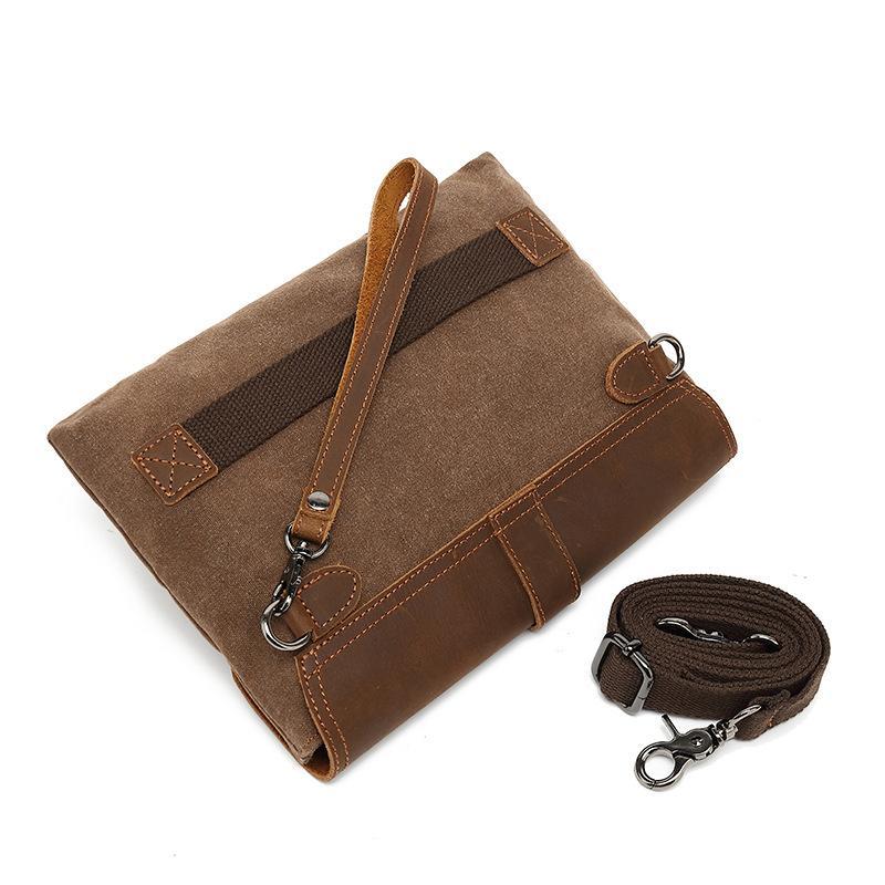 VINTAGE FLAP LEATHER CANVAS PANEL CLUTCH BAG