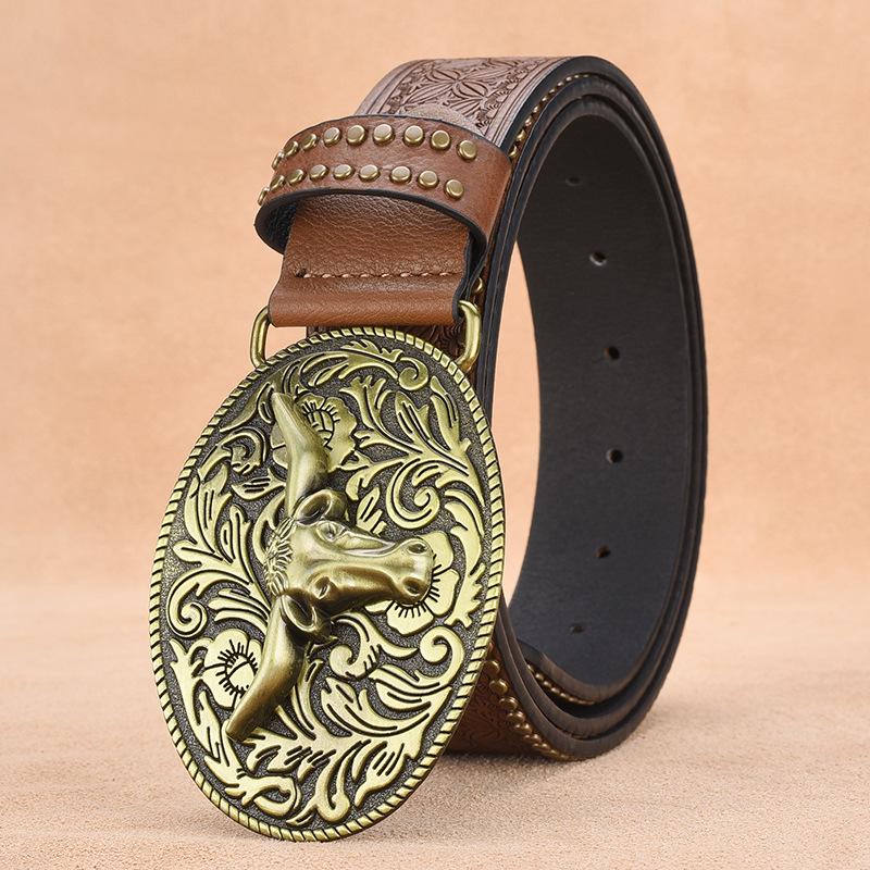 Men's Western Cowboy Style Vintage Rivet Embossed Belt 33277436U
