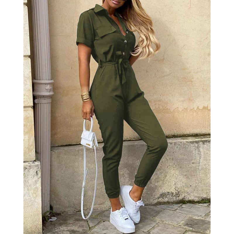 Women’s Jumpsuit – Tailored Fit – Button-Up Front – Short Sleeve – Belted Utility Style