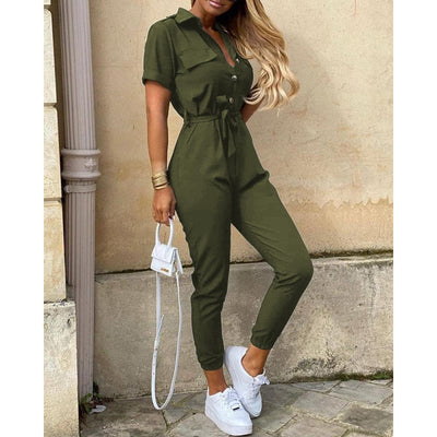Women’s Jumpsuit – Tailored Fit – Button-Up Front – Short Sleeve – Belted Utility Style