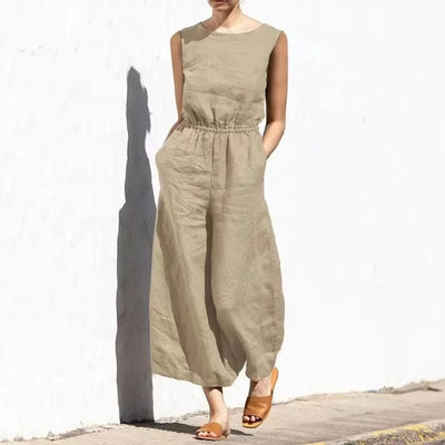 Women’s Jumpsuit – Relaxed Fit – Sleeveless – Linnen Blend – Full Length Casual Wear