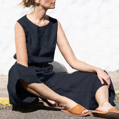 Women’s Jumpsuit – Relaxed Fit – Sleeveless – Linnen Blend – Full Length Casual Wear