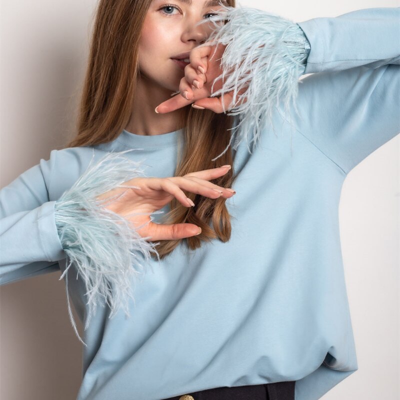 Avencea Long Sleeve Shirt with Unique Feather Decoration