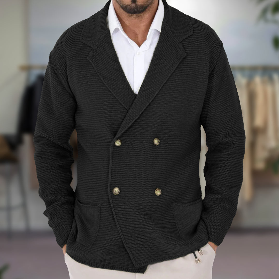 Men’s Cardigan – Wool Blend – Regular Fit – Double-Breasted – Blazer Lapel – Ribbed Knit
