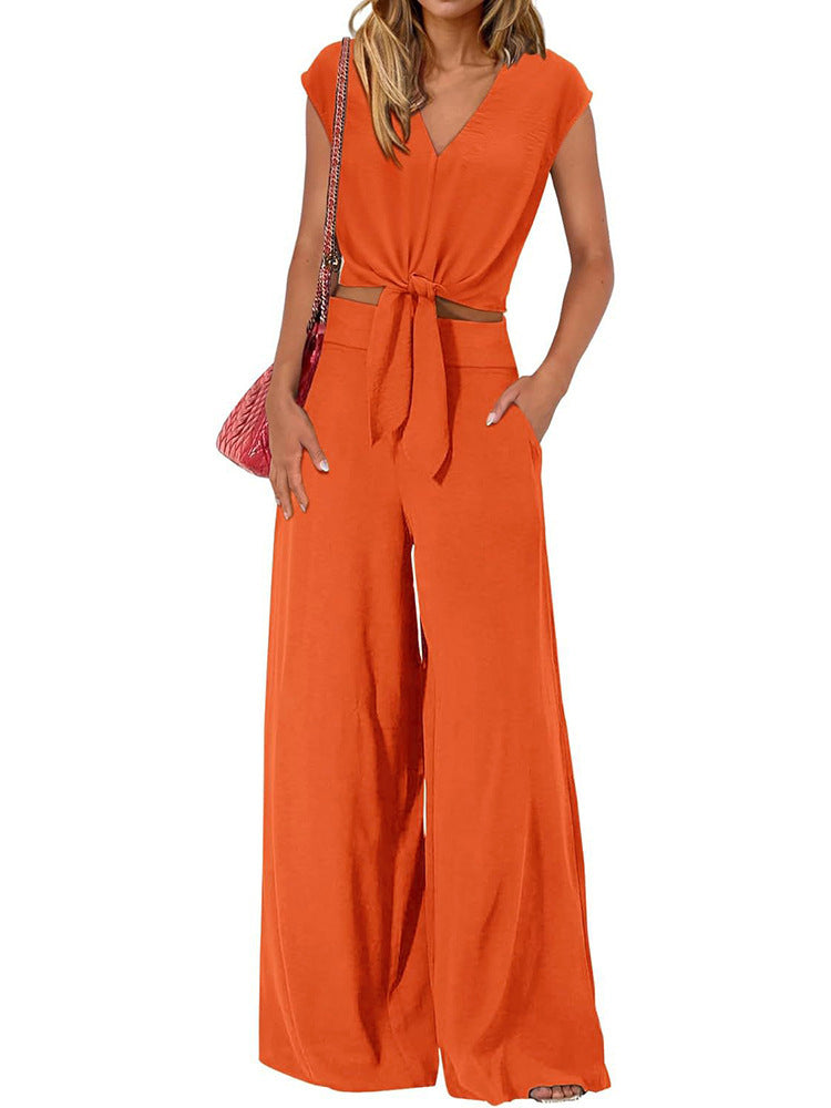 Concetta - Women's V-Neck Lace-Up Top with High Waist Wide Leg Pants Set