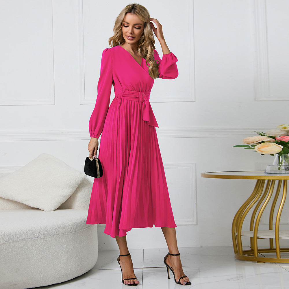 Women's Long-Sleeved V-Neck Pleated Dress with Belt