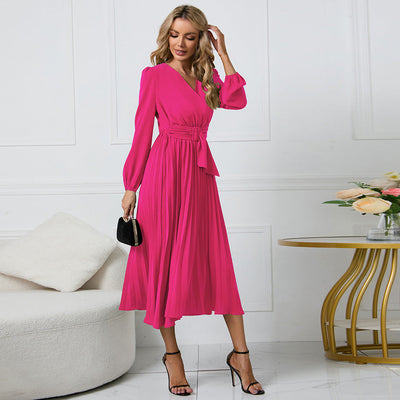 Women's Long-Sleeved V-Neck Pleated Dress with Belt