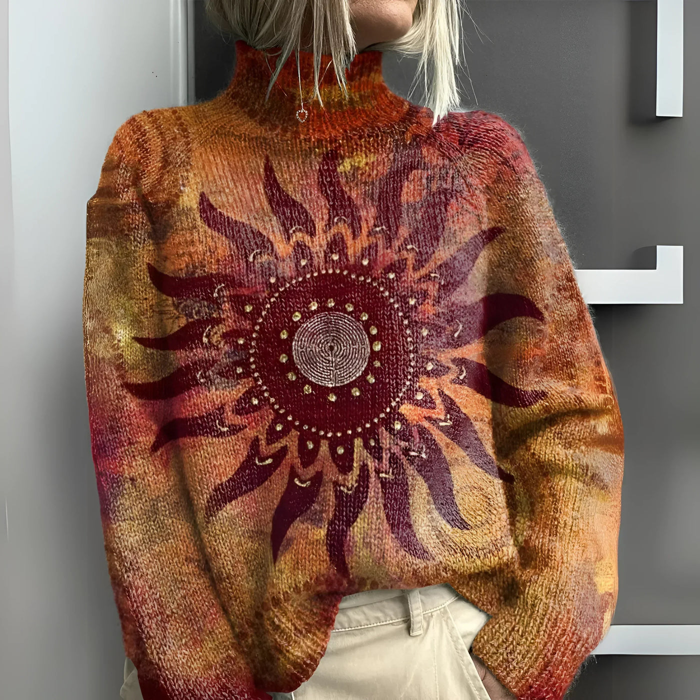 Marinett™ | Comfortable Tribal Sun Knit Turtleneck Sweater