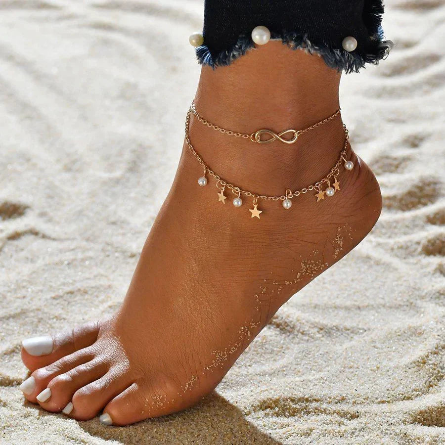 Infinity Anklet Bracelet + Pearls and Stars | Gold 16k