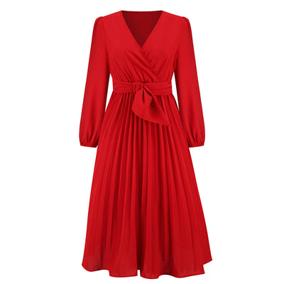 Women's Long-Sleeved V-Neck Pleated Dress with Belt