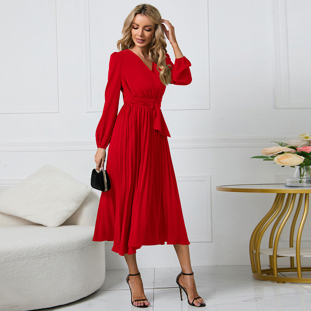 Women's Long-Sleeved V-Neck Pleated Dress with Belt