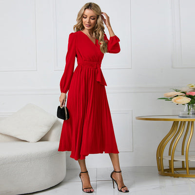 Women's Long-Sleeved V-Neck Pleated Dress with Belt