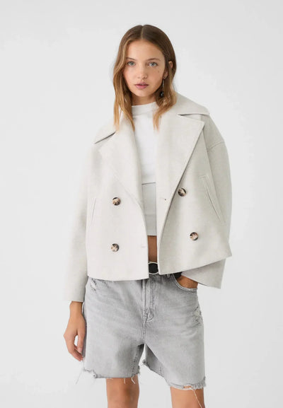 Women’s Double-Breasted Jacket – Wool-Like Texture – Oversized Fit – Cropped Structured Cut