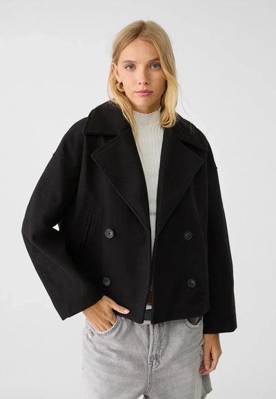 Women’s Double-Breasted Jacket – Wool-Like Texture – Oversized Fit – Cropped Structured Cut