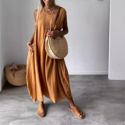 Women’s Maxi Dress – Cotton Linen Blend – Sleeveless Loose Fit – Full Length with Pockets