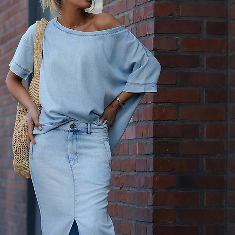 Cheska | Diagonal Shoulder Top with Split Denim Long Skirt