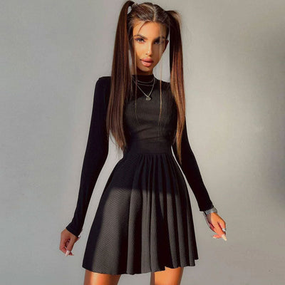 Avencea Pleated Skater Dress with Long Sleeves in Classic Black