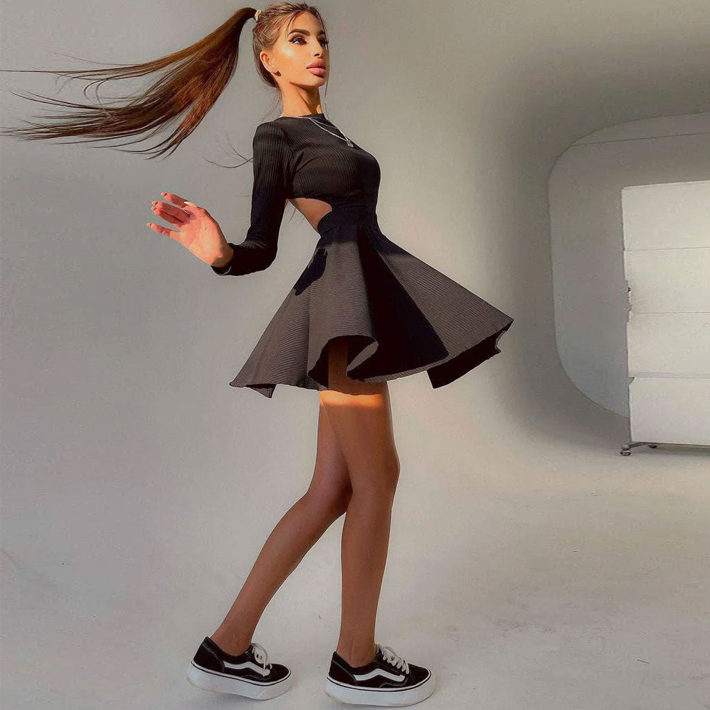 Avencea Pleated Skater Dress with Long Sleeves in Classic Black