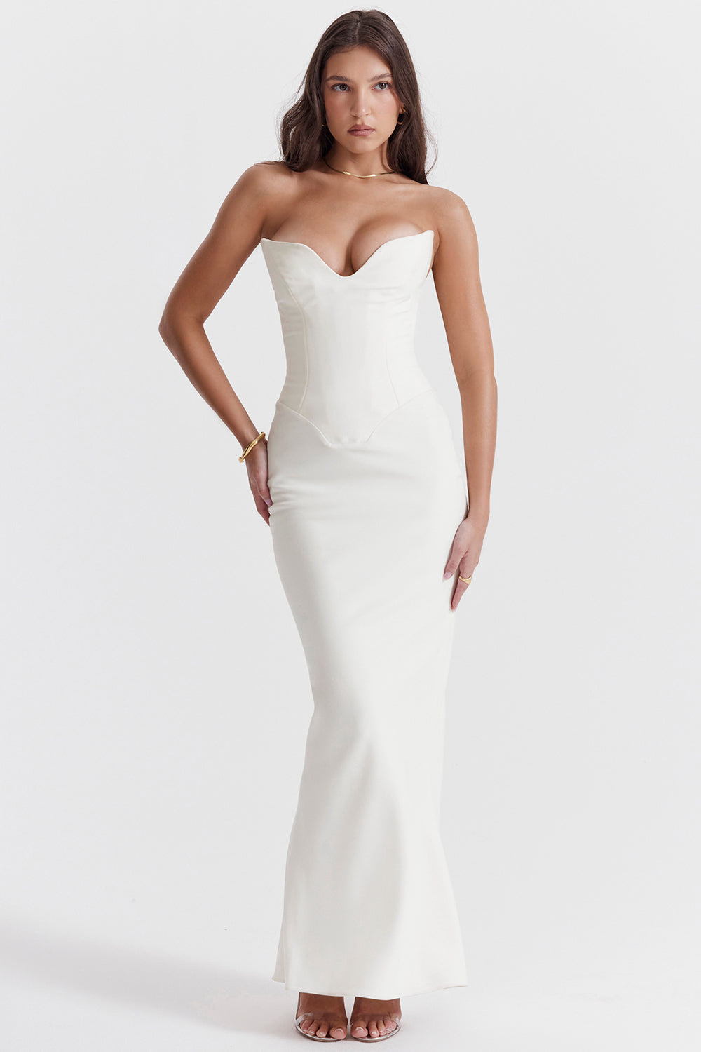 Women’s Strapless Corset Dress – Satin Finish – Fitted Bodice – Full-Length Formal Wear