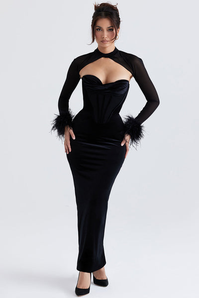 Women’s Maxi Dress – Velvet – Corset Bodice – Sheer Sleeves – Feather Cuffs