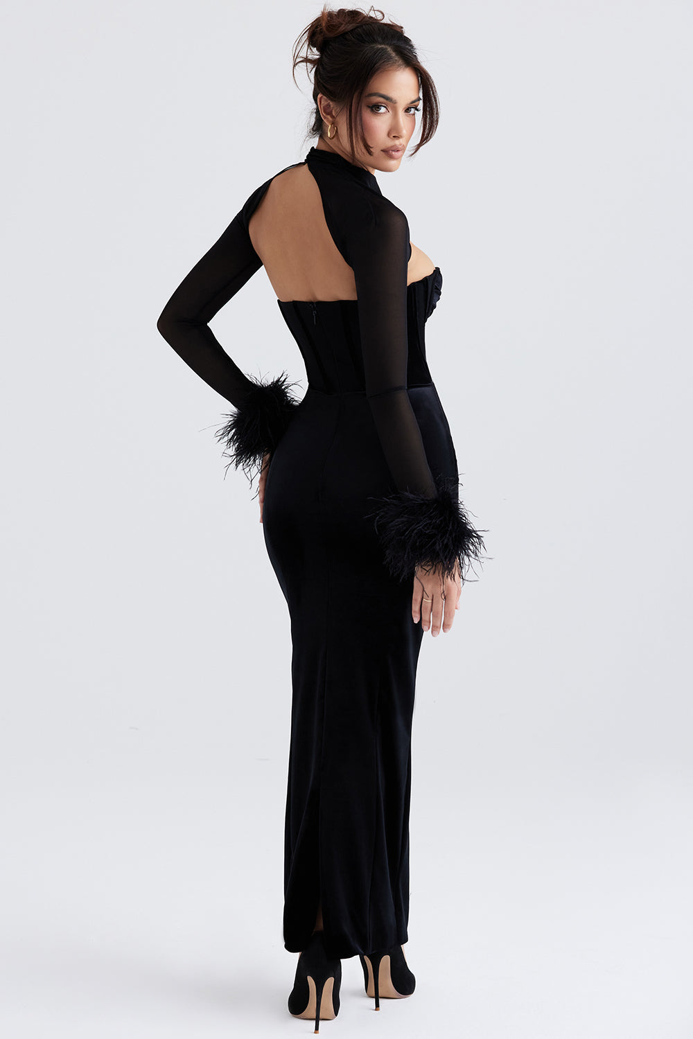 Women’s Maxi Dress – Velvet – Corset Bodice – Sheer Sleeves – Feather Cuffs