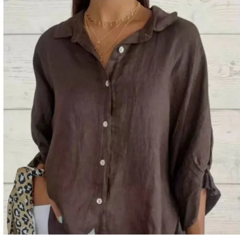Women’s Button-Up Shirt – Linen – Relaxed Fit – Long Sleeve – Adjustable Cuffs