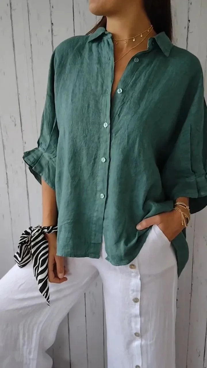 Women’s Button-Up Shirt – Linen – Relaxed Fit – Long Sleeve – Adjustable Cuffs