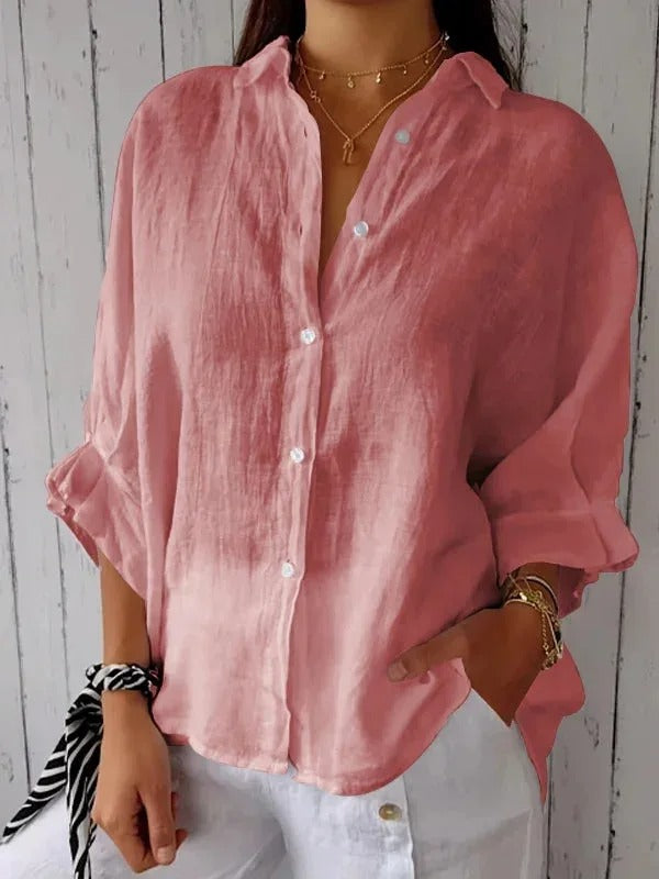 Women’s Button-Up Shirt – Linen – Relaxed Fit – Long Sleeve – Adjustable Cuffs