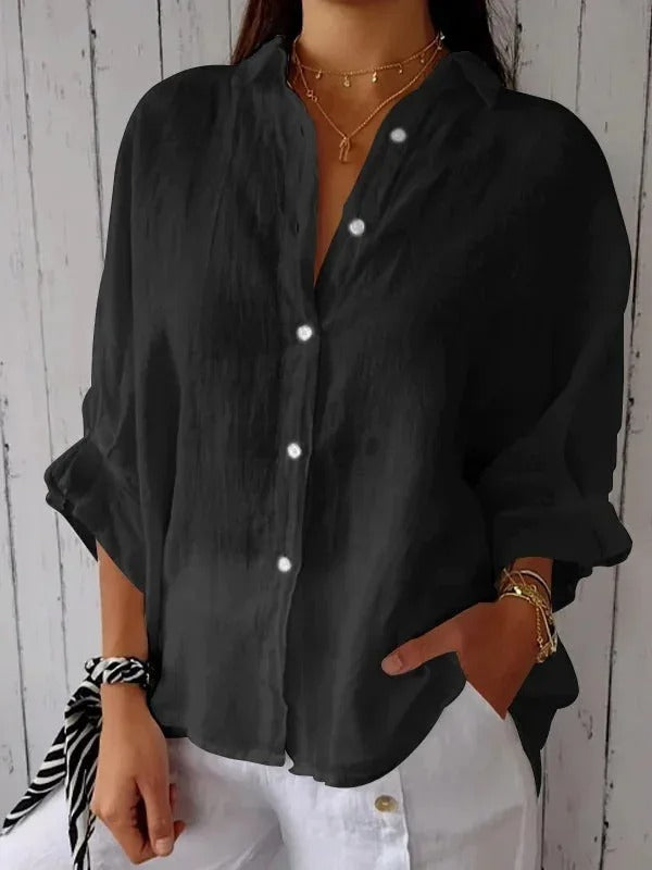 Women’s Button-Up Shirt – Linen – Relaxed Fit – Long Sleeve – Adjustable Cuffs